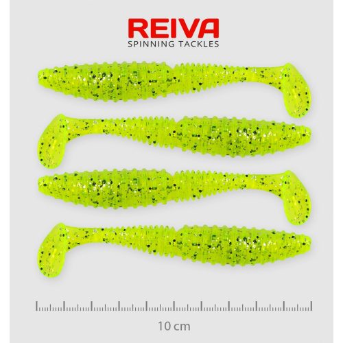 REIVA Zander Power Shad 10cm 4db/csomag /Neonzöld-Flitter/